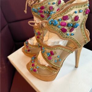 Charlotte Olympia Tan and Gold Heels with Pink and Blue Embellishments EU 36 1/2